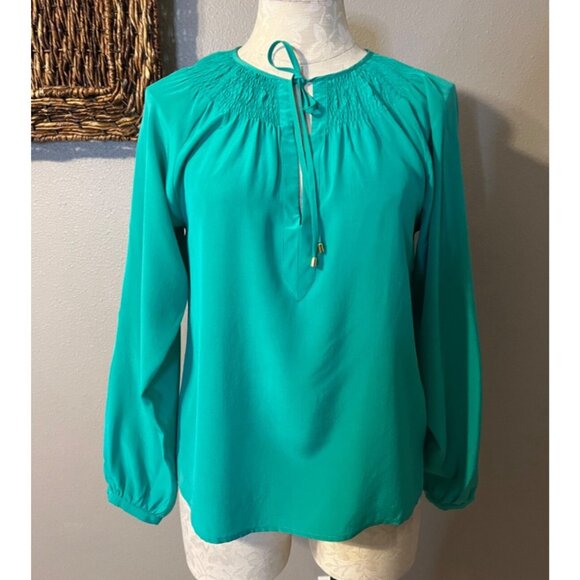 Yumi Kim Top XS Extra Small Silk Green Smocked 3/4 Long Sleeve - Picture 3 of 9